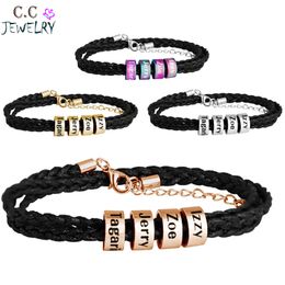 Personalized Family Names Bracelet Multiple Layers Braided Rope Titanium Steel Beads Leather Custom Bracelets & Bangle For Man