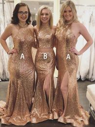 2024 Sexy Bridesmaid Gold Sequined Sleeveless Split Floor Length Maid Of Honour Plus Size Wedding Party Guest Dresses Gowns 403