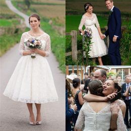 Vintage Plus Size Wedding Dresses 3\4 Sleeve Full Lace Tea Length Bridal Gowns vestido de noiva Custom Made