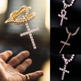 18K Gold Plated CZ Zircon Cross Key Pendant Tennis Chain Necklace for Men & Women Full Diamond Hiphop Rapper Jewelry Couple Gifts Wholesale