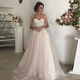 2019 Luxury Champagne Blush A Line Wedding Dresses Sweetheart Sheer Tulle Lace Appliques Sleeveless Open Back Plus Size Formal Bridal Gowns