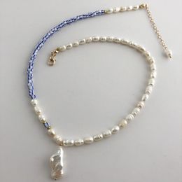 -Moda Pearl Stripe Bead Beads Collar Real Baroque Pearl Colgante Hecho A Mano Collar de Joyería Gargantilla para Mujeres Daily Regional