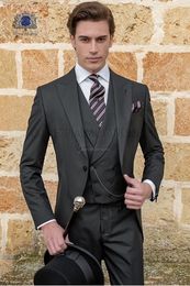 Charcoal Grey Tailcoat Men Wedding Tuxedos Fashion Groom Tuxedos Peak Lapel One Button Men Dinner Prom clothes(Jacket+Pants+Tie+Vest) 1552