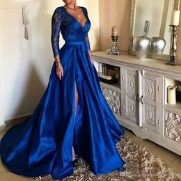 Royal Blue Deep V-Neck Lace Long Prom Dresses High Side Split Long Sleeves Evening Gowns Plus Size Sweep Train Vestidos De Festa Ogstuff