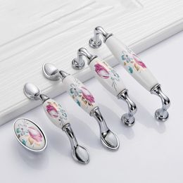 2 pcs Silver CeramicDoor Handles Tulip Drawer Pulls Vintage Flower Cupboard Kitchen Cabinet Handles and Knobs Furniture Hardware