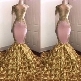 African Pink Mermaid Prom Dresses Gold Appliqued Evening Formal Party Gown Pageant Dresses Long Sleeve Sweep Train