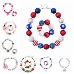 Girl Heart Pendant Bead Necklace Bracelet American Flag Unicorn Diamond Rose Skull Head Bow Bubblegum Toddler Party Jewellery GGA3548