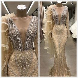 Pearls Luxurious Beaded African Dubai Evening Sheer Neck Mermaid Prom Dresses Long Sleeves Formal Party Pageant Gowns