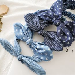 Cute Denim Leopard Stripe Print Bunny Rabbit Ear Ribbon Headwear Hairband Hair Hoop Scarf Headband Hair Band Accessories