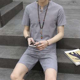 Short Sleeve T Shirt Men Set Suit V Neck Casual Shorts Formal Summer Wear Clothes Set Button Decoration Chinese Style Linen