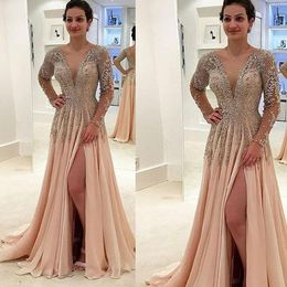 V Neck Chiffon Long Mothers Dresses Crystal Lace Appliques Beaded Sheer Long Sleeves Plus Size Split Mother Of The Bride Dresses296u