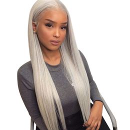 Wig women's chemical fiber hair lace light gray long straight hair half hand hook half mechanism high temperature silk full head set