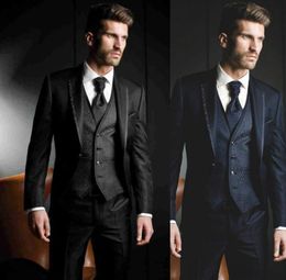 New Navy Blue Groom Tuxedos Groomsmen Best Man Suits One Button Mens Wedding Blazer Suits (Jacket+Pants+Vest+Tie)