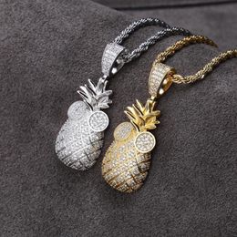 Hip Hop 3D Cartoon Cute Pineapple Necklace Pendant ICED OUT Full Zircon Mens Bling Jewellery Gift