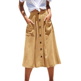 A-Line Casual Skirts Women Elegant Skirts Buttons Decoration Boho Summer Beach New Lady Pockets Skirt Plus Size