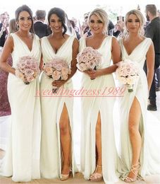 Fashion High Split V-Neck Bridesmaid Dresses Chiffon Arabic Prom Juniors Evening Party Gowns Formal Maid Of Honor Dress Wedding Guest Wear