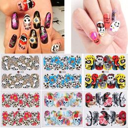 48pcs/lot Xmas Halloween Glue Nail Decals Sticker Water Transfer Nails Art Foils Wraps Gift Bat Skull Christmas Decorations