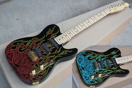 Factory Custom Black Electric Guitar with Red&Blue blaze Pattern,SSS Pickups,Gold Hardware,Can be Customized