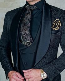 Newest Men Suits Black Pattern Groom Tuxedos Shawl Satin Lapel Groomsmen Wedding Best Man ( Jacket+Pants+Vest+Tie ) L421