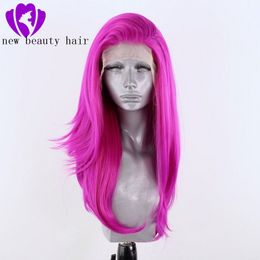 Pink Colour Synthetic Lace Front Wig Long straight Wigs For Women Heat Resistant Fibre Glueless Natural Hairline Cosplay Wig 26''
