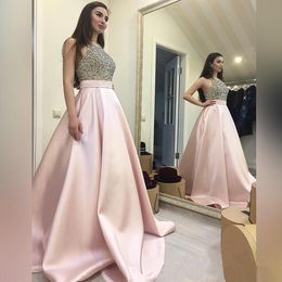 Formal Evening Dresses Women's Beading Crew Prom Dresses Pink Satin Skirt Bridal Gown Special Occasion Bridesmaid Party Dress B96