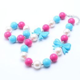 Blue+Ivory Color Chunky Necklace&Bracelet Set Fashion Bow Beads Children Girl Toddler Bubblegum Chunky Bead Necklace Jewelry Set