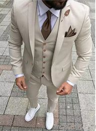 Slim Fit Beige 3 Piece Suit Men Wedding Tuxedos Notch Lapel Groom Tuxedos Fashion Men Business Dinner Prom Blazer(Jacket+Pants+Tie+Vest) 887
