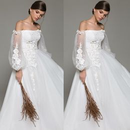 eva lendel wedding dresses a line off shoulder tulle long sleeve bridal gowns 3d lace appliqued wedding dress vestido