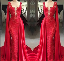 2019 New Fashion Sheer Neck Red Lace Mermaid Prom Dresses With Cape Sleeveless Appliqued Formal Dresses Evening Wear Floor Length Cheap