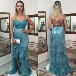 hunter Long Mermaid prom dresses spaghetti straps cascading ruffles Side Split backless beaded Long Bridesmaid Dress 2020 evening Gowns