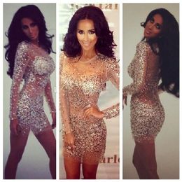 2019 New Bling Bling Luxury Short Prom Dress Long Sleeve Sheath Crystal Sexy See Through Homecoming Christmas Party Cocktail Dresses 1149