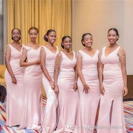 South African Sexy Pink Mermaid Bridesmaids For Weddings V Neck Beadings Pearls String Maid Of Honour Gowns Plus Size Dress Custom