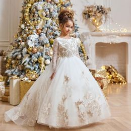 Classy Long Sleeves Lace Flower Girl Dresses For Wedding Beaded Jewel Neck Appliqued Pageant Gowns Tulle Sweep Train First Communion Dress