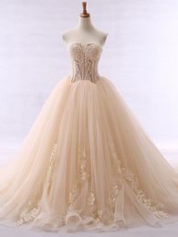 Strapless Appliques Ball Gown Champagne Colour Wedding Dress Backless Tulle Bridal Wedding Gowns Wedding Dresses robe de mariee Customed