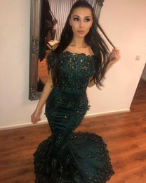 New Hunter Green Arabic Mermaid Prom Dresses Off Shoulder Lace Appliques Crystal Beaded Flowers Short Sleeves Party Dress Evening Gowns Wear