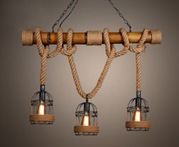 Vintage Pendant Lights loft Hemp Rope Bamboo Iron Cage hanging lamp Hand Knitted Luminaria for Restaurant bar Lighting Fixtures MYY