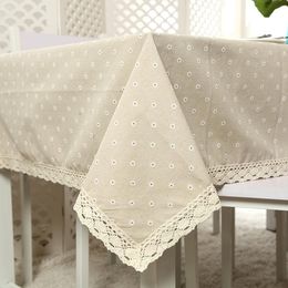 Daisy Flower Pattern Tablecloth Hot Sale Linen and Cotton Lace Edge Rectangular Table Cloth Home Decoration Hotel Textile Table Cover