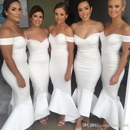 New Fashion Ivory Mermaid Bridesmaid Dresses Pleats Off Shoulder Hi-lo Ruffles Backless Sweep Train Maid Of Honour Wedding Party Dresses