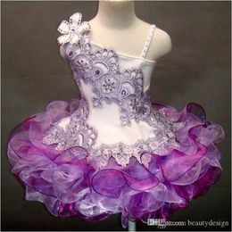 Cute One Shoulder Beaded Tutu Skirt Cupcake Girls Pageant Dress For Little Kids Ball Gown Hand Made Flowers Organza Toddler Party Dress