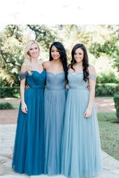 2019 Amazing Blue Tulle Wedding Guest Dresses Bridesmaids Cheap Pleats Ruched Off Shoulder Short Sleeve Bridesmaid Dresses Maid Of Honour