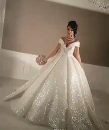 Sparkly Ball Gowns Wedding Dresses Sequins deep v neck Off Shoulder Princess 2019 Bridal Gowns Custom Size Saudi Arabic Vestidos de Novia