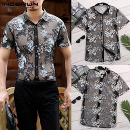 -Numero camisas casuales camisetas llamativas de llamativas bordado camisa de encaje hombres ver a través de camisas vacaciones florales de vacaciones hawaiano ropa de estilo