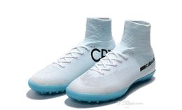 Branco Blue CR7 Homens Indoor Sapatos de Futebol Mercurial Superfly TF Mulheres Futebol Cliques Alto Ankle Top Quality Crianças Botas de Futebol