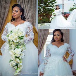 African Plus Size A Line Wedidng Dresses V Neck Lace Applique Chapel Train Long Sleeve Wedding Dress Bridal Gowns for Black Girls