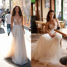 Liz Martinez Sparkly Wedding Dresses Sheer V Neck Sequins Applique Bridal Gowns Tulle Bohemian Backless Sweep Train Wedding Dress