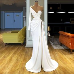 White Ruched Formal Evening Dresses 2020 One Shoulder Prom Dress For Women Robe De Soiree Thigh High Slit Dubai Party Gowns