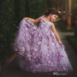 Lawenda Koronki Little Girls Pageant Dresses 3D Kwiatowe aplikacje Toddler Suknia Balowa Kwiat Dziewczyna Sukienka Długość Floor Długość Tulle Suknie