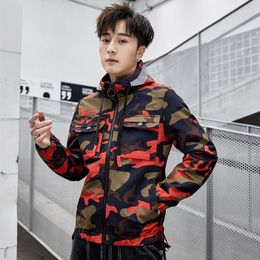 Fashion Men's Casual Jacket Spring and Autumn Hooded Red and Yellow Camouflage Printing Jacket Men's Street Jacket