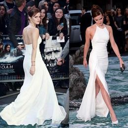 Elegant Emma Watson Celebrity Dresses Halter Neck Backless White Chiffon Side-split Floor-Length Elegant Evening Prom Dresses Free Shipping