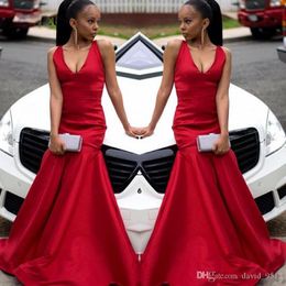 Girls Sexy Black Red Mermaid Prom Long Simple Floor Length Satin V-Neck Evening Dresses Formal Dress Party Gowns Wear Vestidos